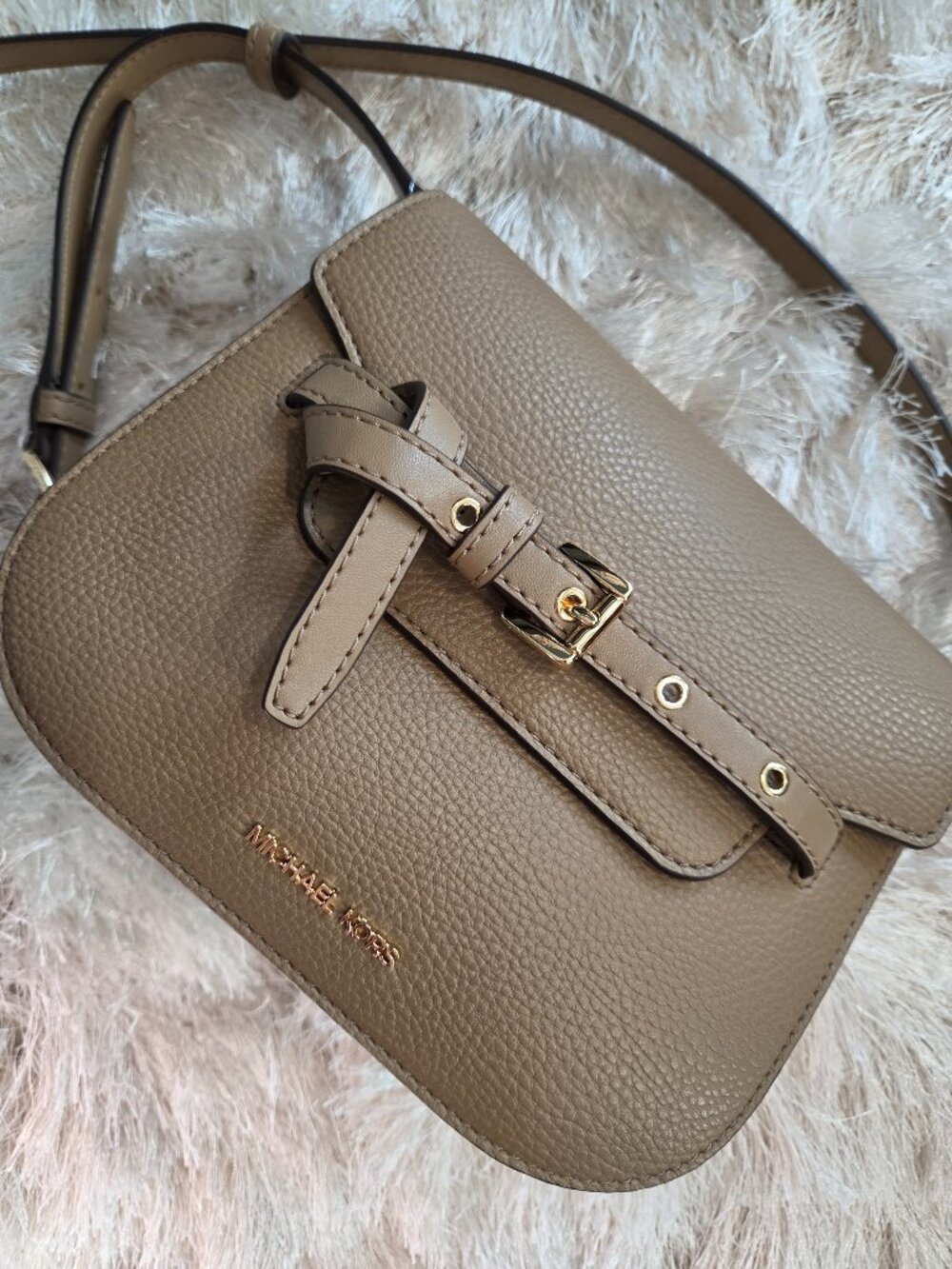 Michael Kors Womens Emilia Textured Saddle Crossbody Bag Brown Small